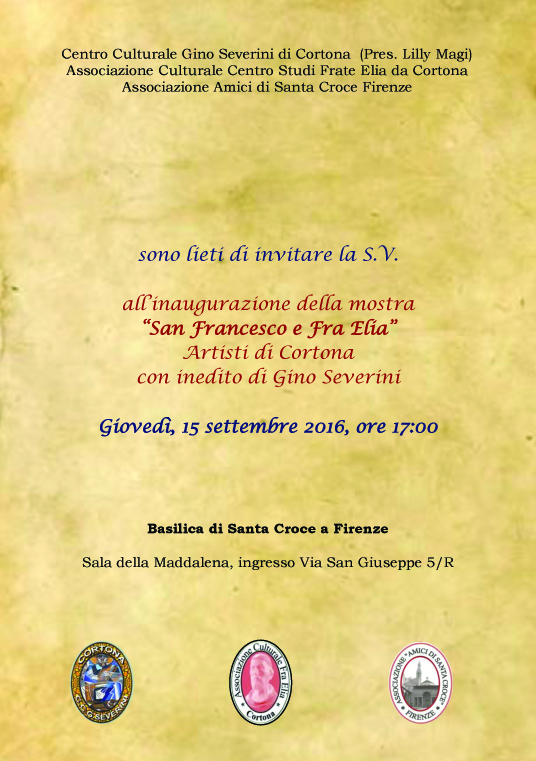 Dal 15 settembre al 31 settembre in Santa Croce, Sala della Maddalena, sarà inuagurata una interessanten mostra dal tela: San Francesco e Frate Elia da Cortona", come ricordo ed omaggio a questa importante e fondamentale figura dell'Ordine francescano. INGRESSO LIBERO.